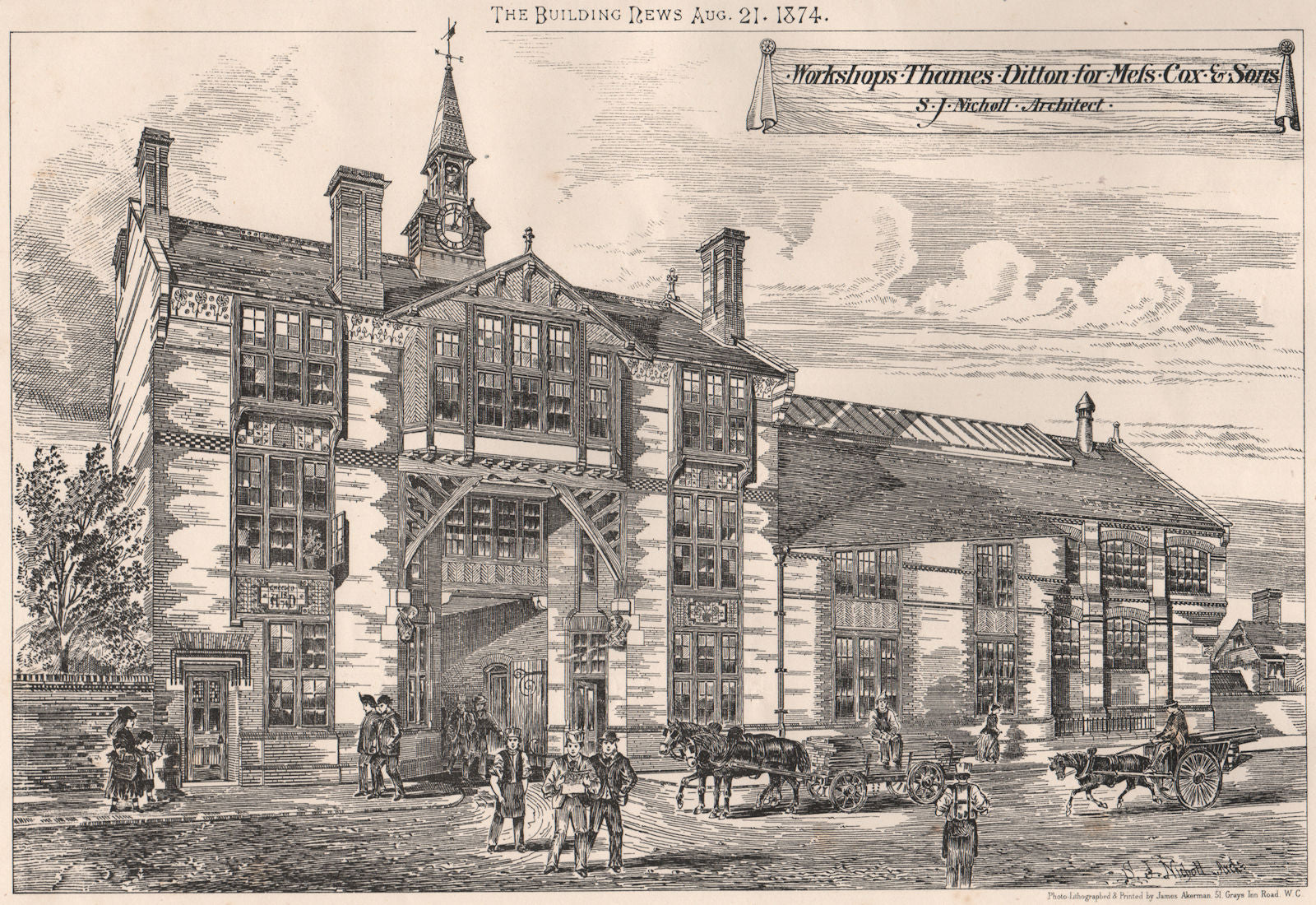 Workshops, Thames Ditton, for Mess. Cox & Sons; S.J. Nicholl Archt. Surrey 1874